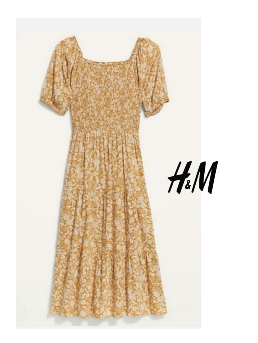 SALE: NWOT Fit & Flare Puff-Sleeve Tiered Mustard Floral Midi Dress Old Navy